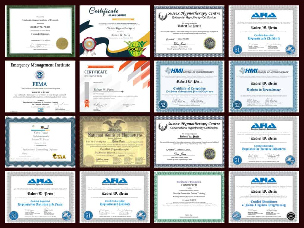 A collection of Rob Perin’s hypnotherapy diplomas and certificates