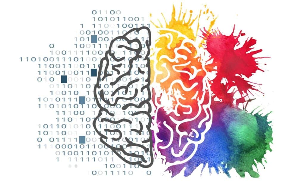 Watercolor illustration of the left and right hemispheres of the human brain