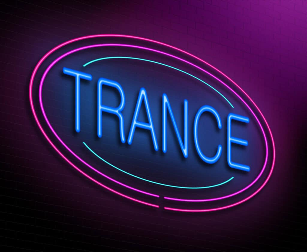 The word trance glowing in neon tubes